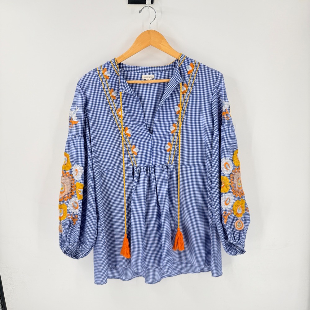 Jennifer + Grace Blue Gingham Embroidered Tassel Boho Top White Small Peasant - Picture 10 of 10